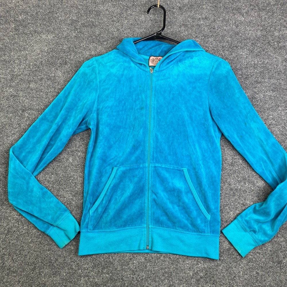 Juicy Couture Velour Zip Up Hoodie Turquoise Blue Womens Medium JG001852 VTG USA
